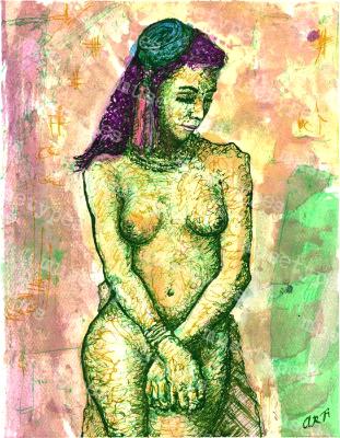 Kanene - Print of Pen and Ink Ethnic Nude, 7in x 9in