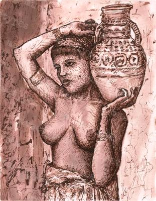 Kapera - Print of Pen and Ink Ethnic Nude, 7in x 9in