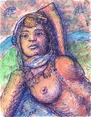 Desta - Print of Pen and Ink Ethnic Nude, 7in x 9in